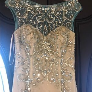 Tan and teal beaded sleeveless dress